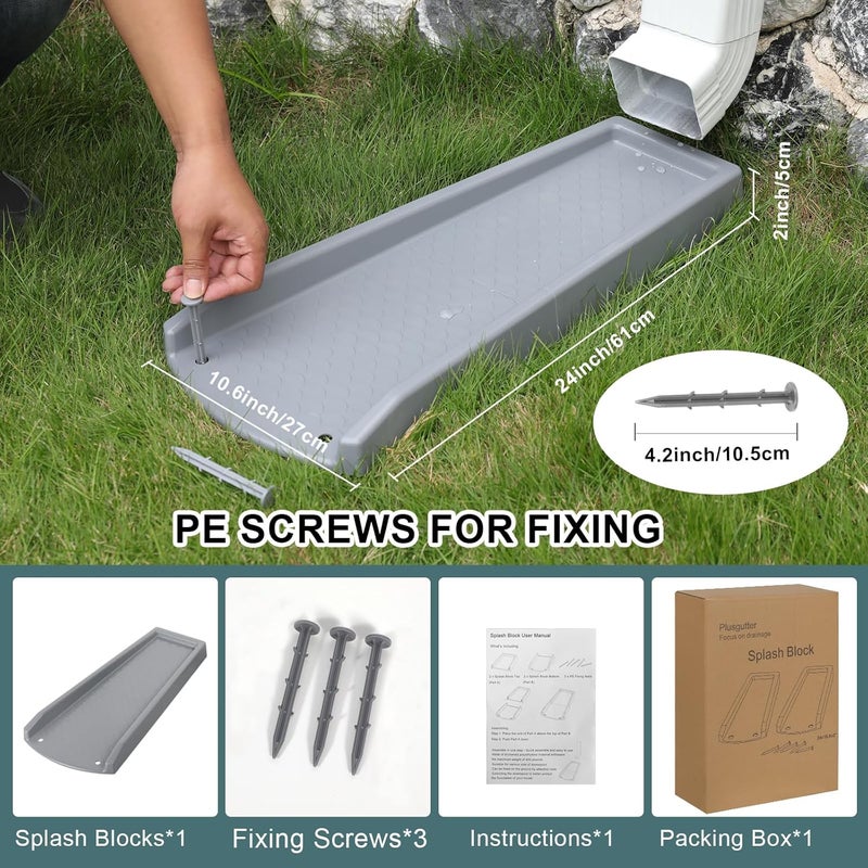 plusgutter Rain Gutter Downspout Splash Block, Gutter Downspout Extensions for Water Drainage, 24" Gutter Splash Guards Downspout Extender, Fixable Down spout Drain Trays with PE Nails(1 Pack, Gray) - Image 5